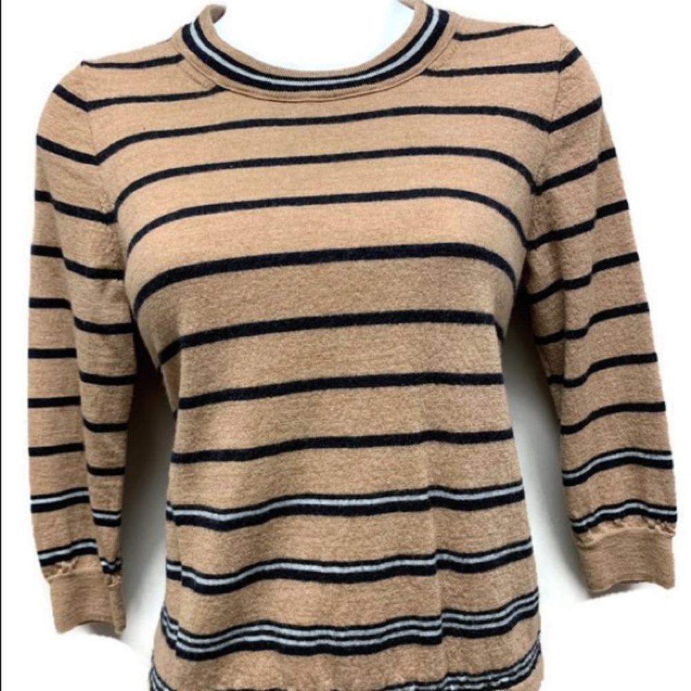 J.Crew Wool 3/4 Sleeve Brown Striped Sweater M